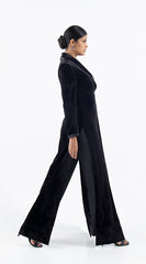 كوت من الخام المخمل مع بنطال ساتان
